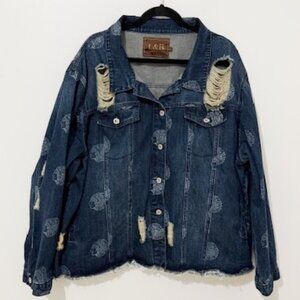 Lucky & Blessed L & B Blue Denim Jean Jacket Distressed Indian Head Print 2XL